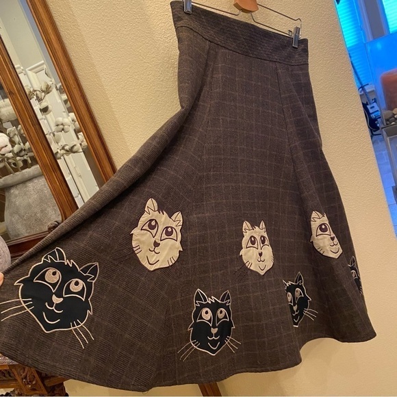 ESHAKTI Women Brown Wool Cat Face Midi Skirt Size Large - Picture 2 of 12